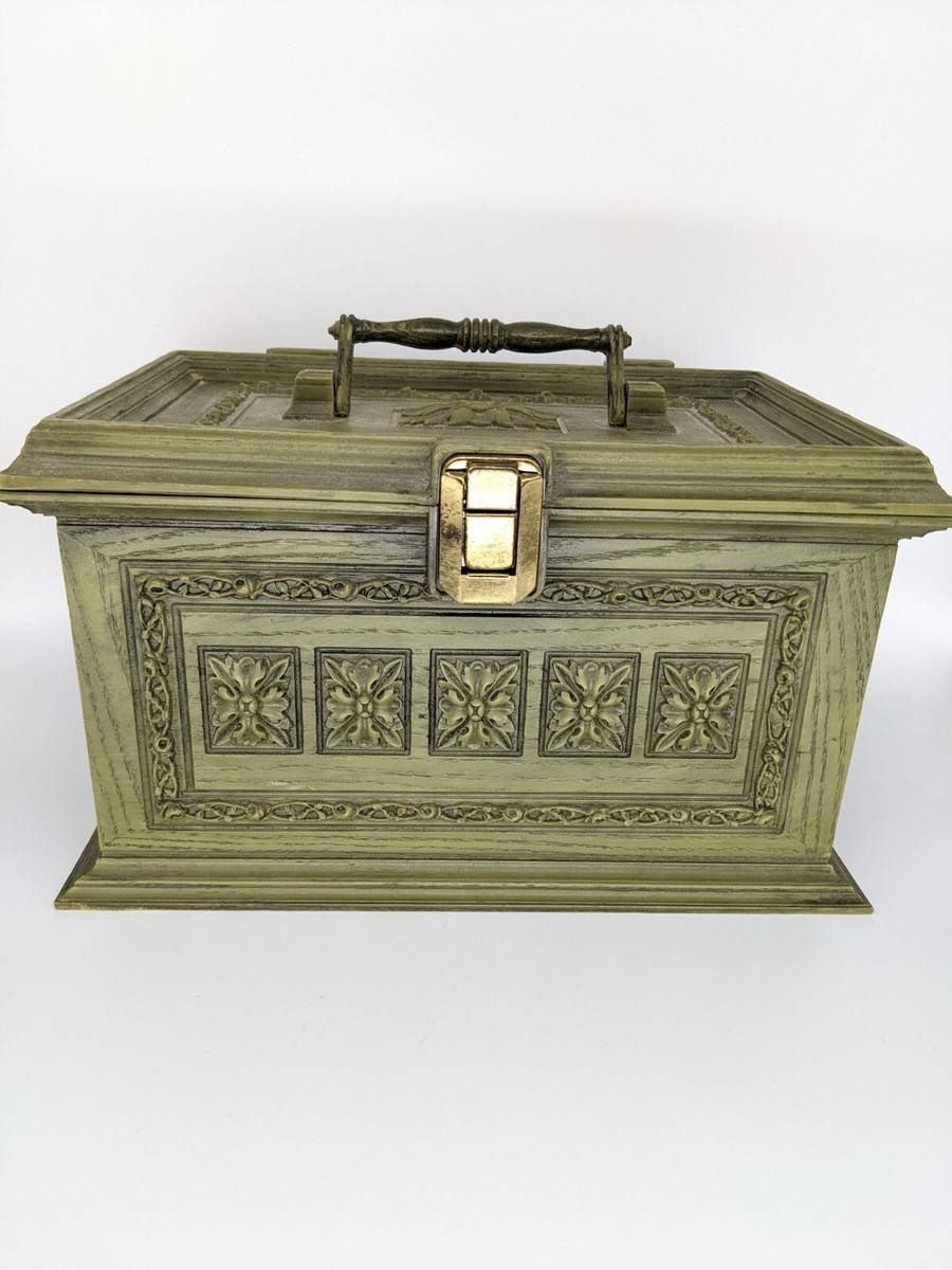 Vintage Max Klein Avocado Green Faux Wood Sewing Box Carrying Case