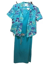 Women's Linen 2 Piece Dress & Jacket Set w Belt Floral-Sz 12P Aqua Miss Dorby