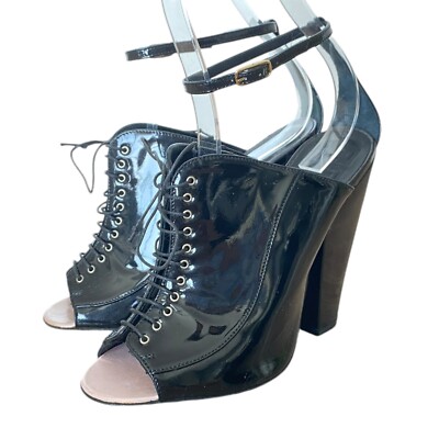 GIVENCHY Black Patent Leather Lace Up Peep Toe Ankle Strap Pumps, Size 38