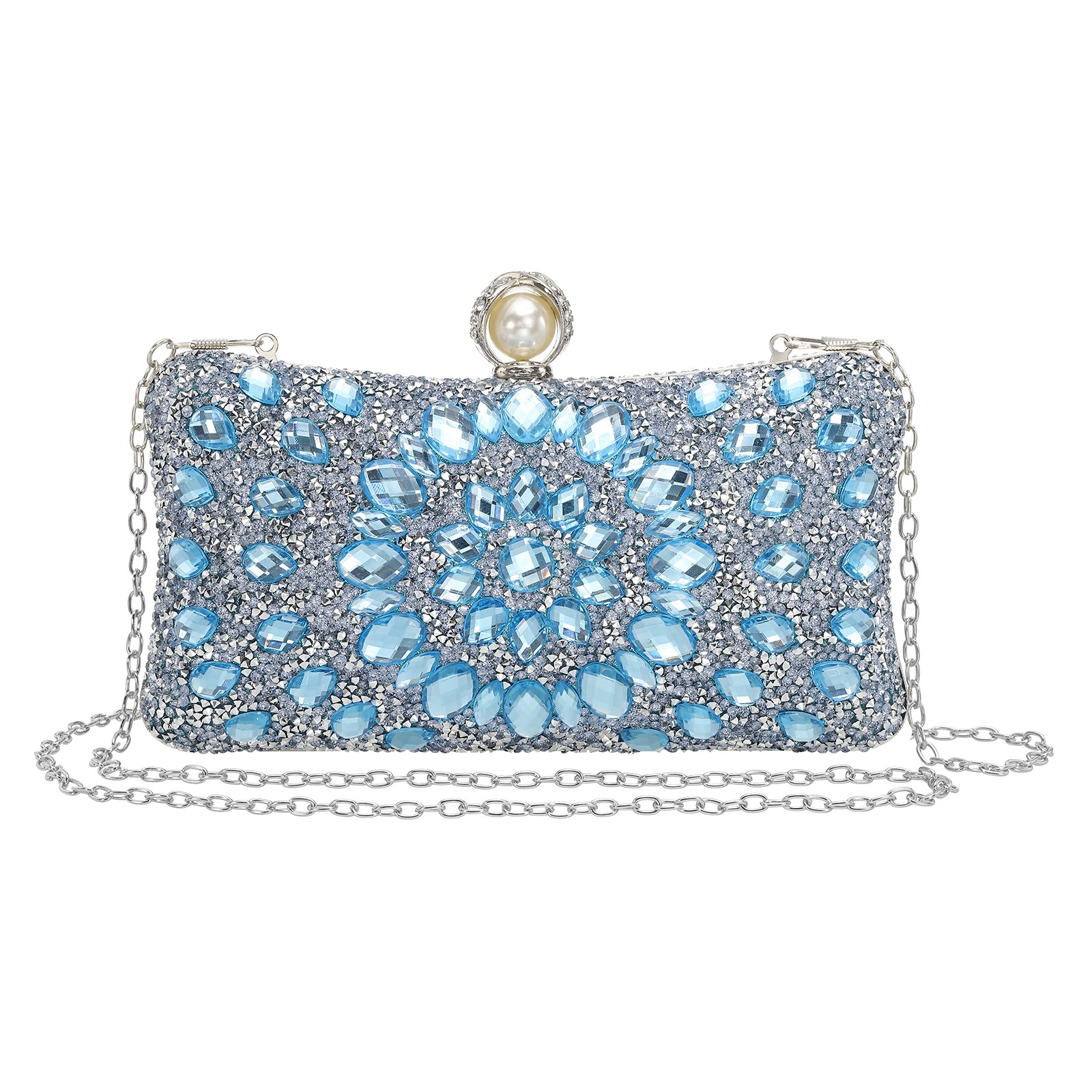 Evening Bags Rhinestone Clutch Purse Chain Strap Shoulder Bag Light Blue