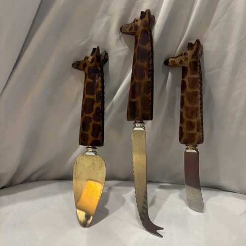 Vintage Giraffe Handle Cheese Knife Set 3pc Stainless Steel Sheffield England  - Afbeelding 3 van 5