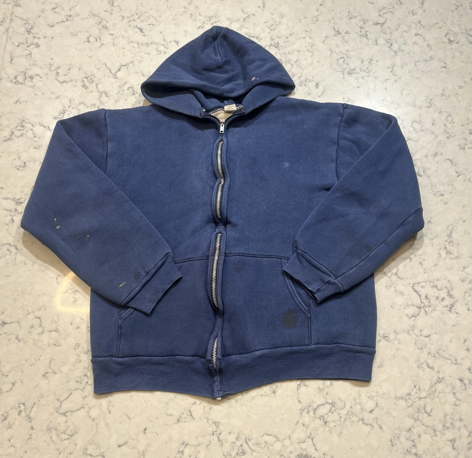 Vintage USA Made Blue Full Zip Hoodie Large Talon Zip Waffle Lined Distressed