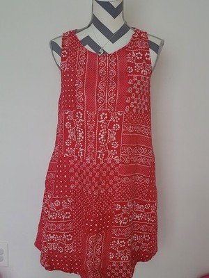 Rachel Zoe Size S Shift Dress 100% LINEN Red Print Sleeveless with side pockets 