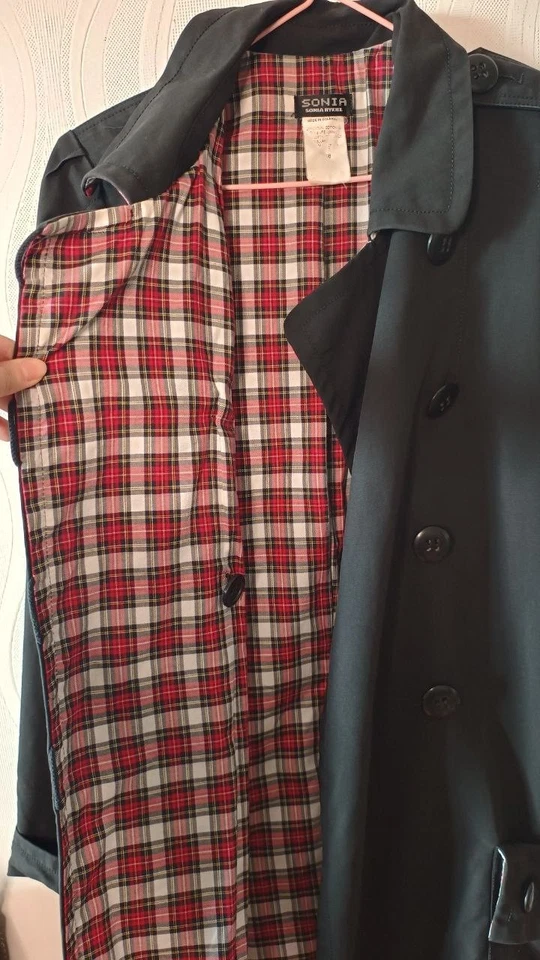 Vintage Sonia Rykiel Black Cotton Trench Coat Tie Belt Tartan Lining Size 38 - Image 3 of 4