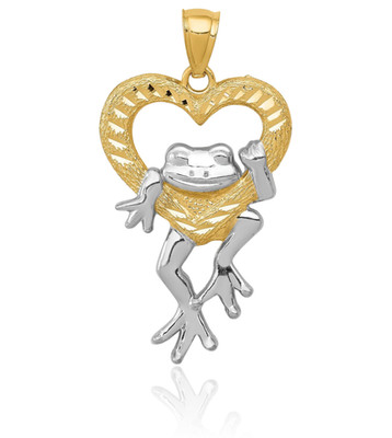 14K massiver Gelbgold großer Frosch Herz Anhänger Halskette 32mm 1-1/4 Zoll poliert