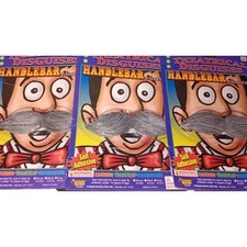 Lot of 3 Fake Handlebar Mustaches Grey Self Adhesive Faux Costume Disguises
