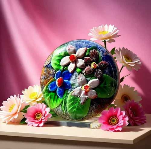 MAGNUM GLASS PAPERWEIGHT Epic Vibrant Floral Quartet 1990 VINTAGE RARE VG+++
