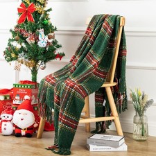 Christmas Throw Blanket Soft Green Plaid Faux Cashmere with Tassels 50x60 In