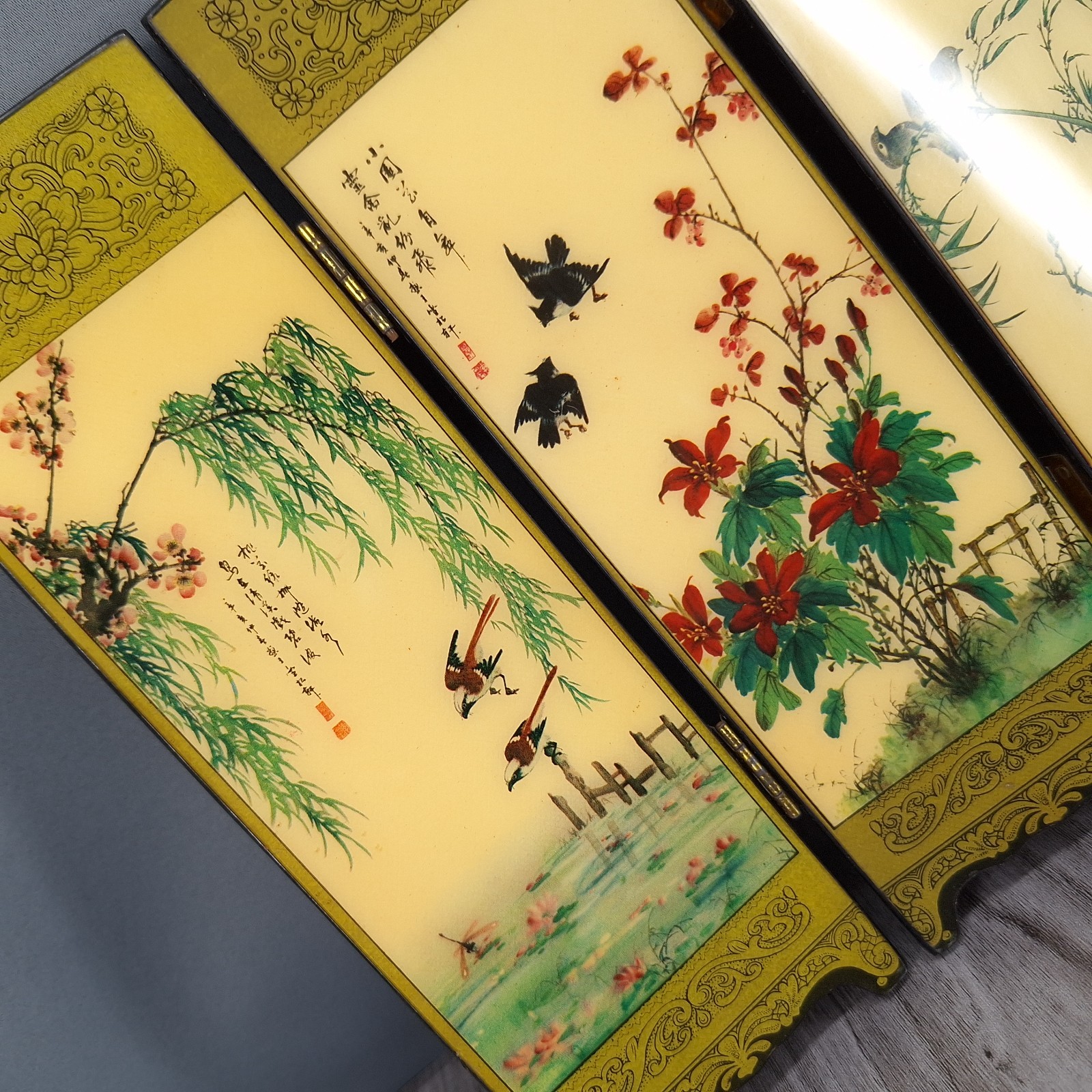 Vtg Asian Folding Table Screen 4 Panel Divider