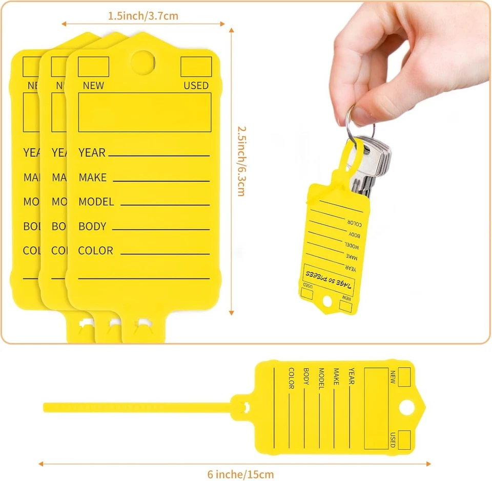 200 piezas etiquetas amarillas para llaves de coche autobloqueantes etiquetas para llaves de concesionario etiquetas para llaves de plástico Foto 2 de 4