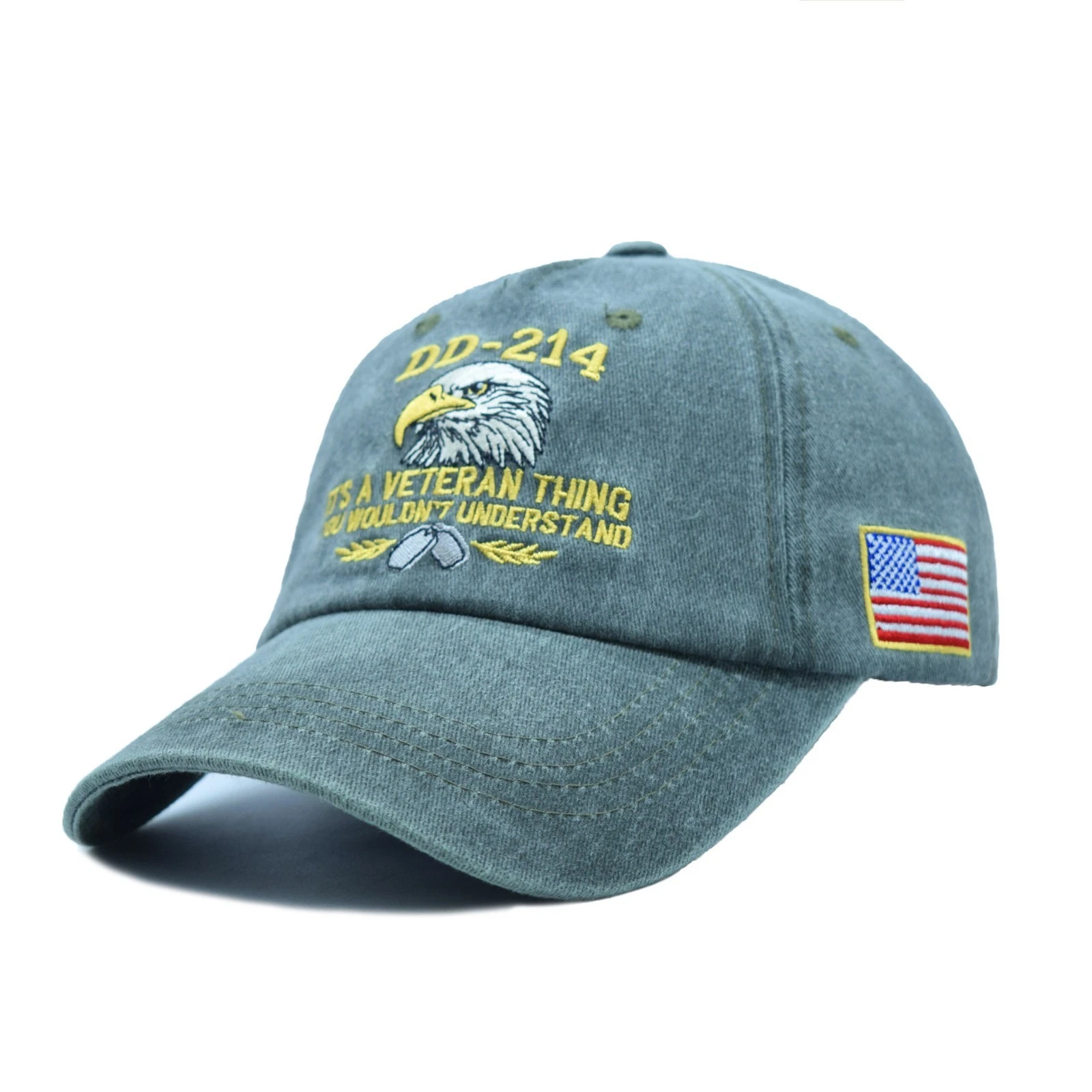 DD-214 Veteran Embroidered Denim Baseball Cap with Eagle and Dog Tags