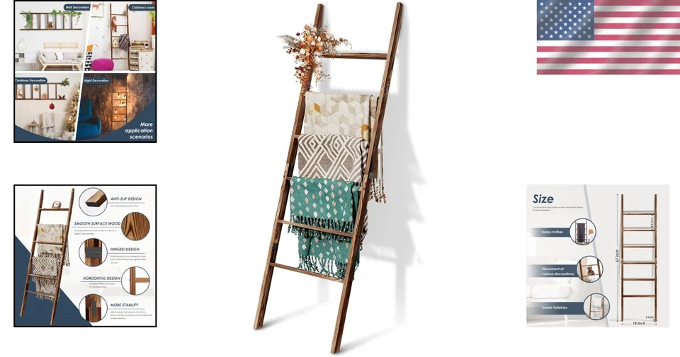 Multi-Functional Freestanding Blanket Ladder, 67'' Wood Decor for Living Room - Image 2 of 4