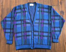 Vintage Pendleton Sweater Cardigan Plaid Large 4 Button Virgin Wool Made in USA