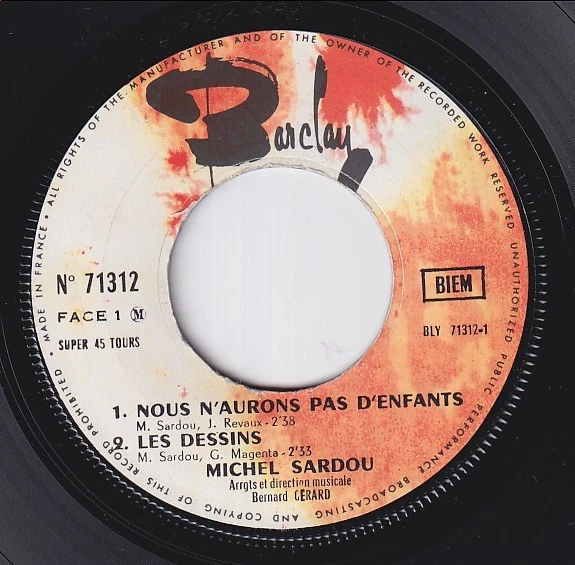 Michel SARDOU * Nous n'aurons pas d'enfants * EP 1968 * - Photo 3/4