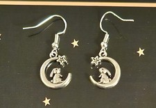 Silver Crescent Moon and Star Earrings With Adorable Bunny And Star