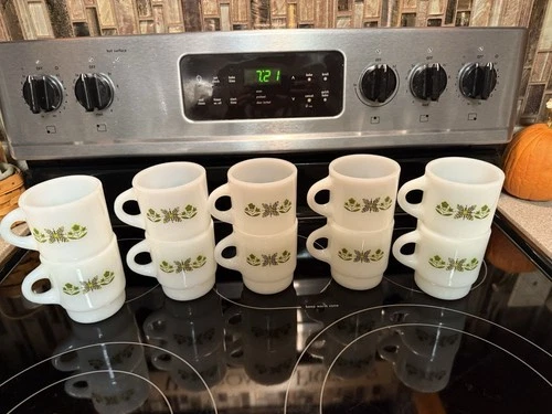 Vintage Anchor Hocking Fire King Stacking Mugs Cups Green Meadow Set of 10 - MCM