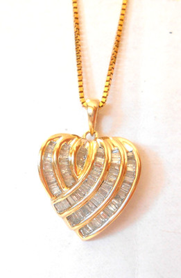 Baguette Diamond Encrusted 10K Yellow Gold Heart Shape Pendant 20'' Necklace