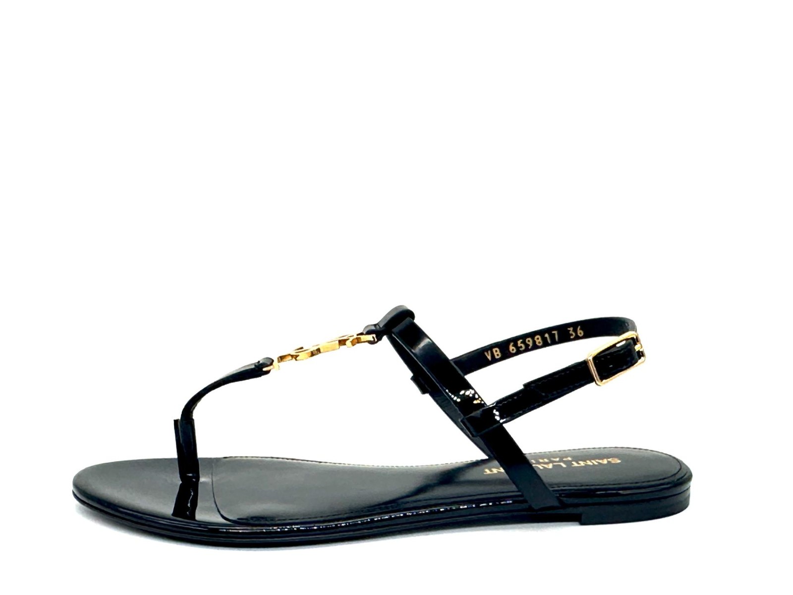 Sandali piatti Saint Laurent Cassandra 05 YSL in pelle verniciata con cinturino a T $1050