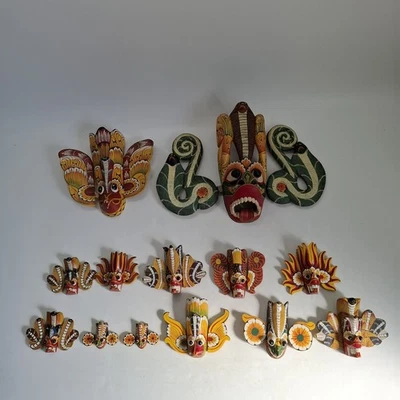 Bundle of Sri Lankan Wooden Hand Carved Masks Job Lot Traditional Raksha Art - Image 1 of 4