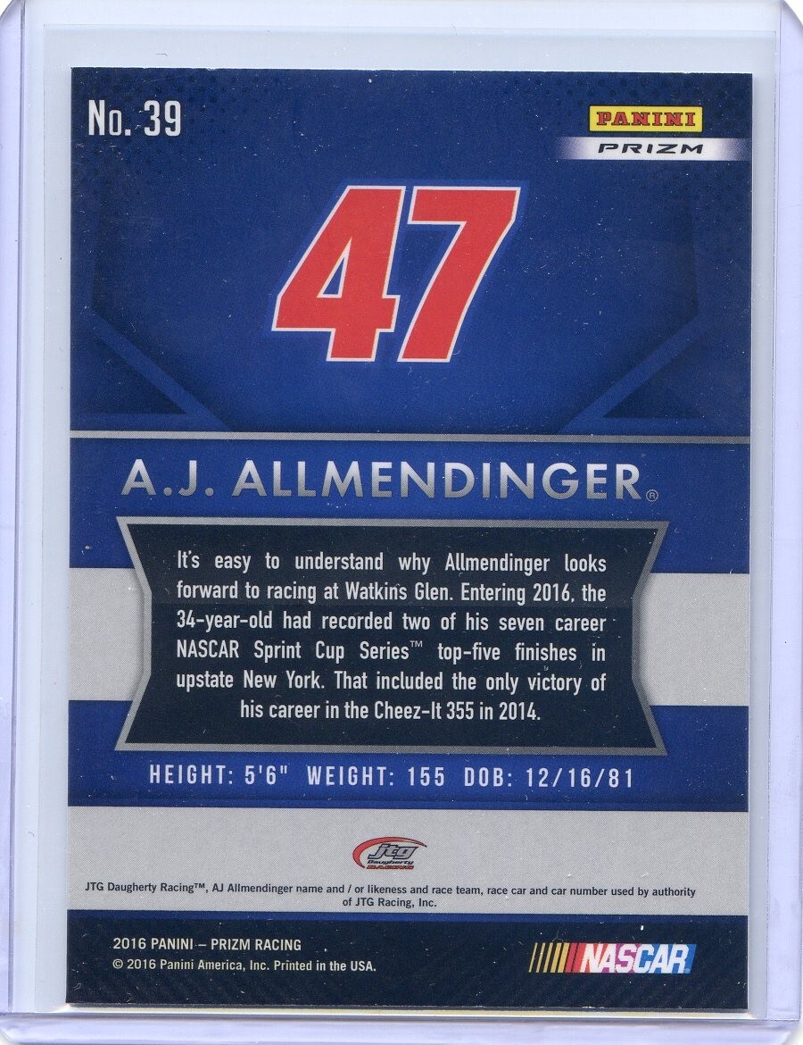 2016 Panini Prizm NASCAR Racing SILVER PARALLEL NO. 39 A.J.
