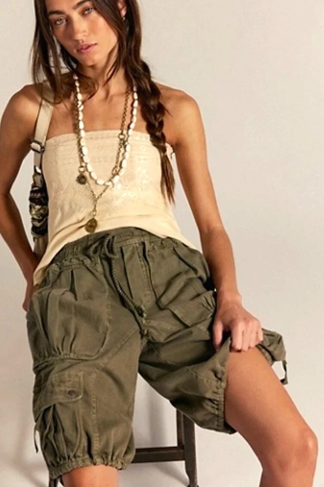 Free People мы бесплатный закат парашют шорты эластичный пояс галстук зеленый XS новый - Изображение 2 из 4