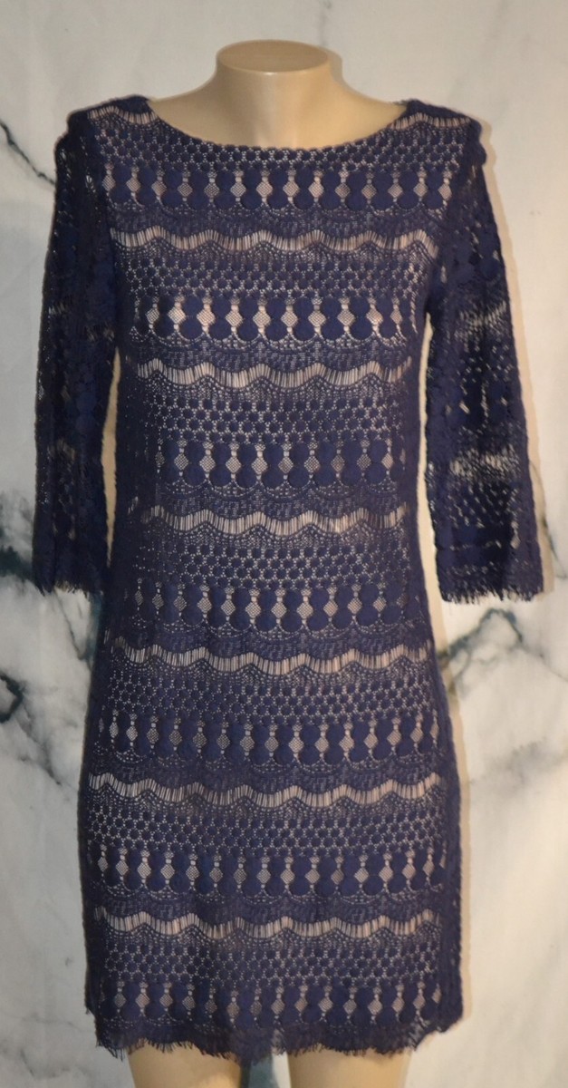 JESSICA HOWARD Blue Lace Dress Beige Lining 3/4 Sleeves