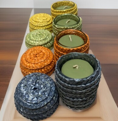 Colorful Votive Wicker Candle Holders Lids Glass Inserts SOYCandles Set Of 4 NEW