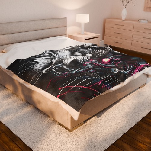 Velveteen Plush Blanket Cynical Cyber Wolf Noir Art Y2K Aesthetic AOP Vicious - Picture 5 of 13