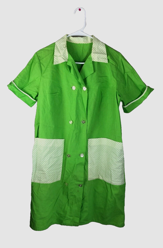 Vtg 70s Waitress Diner Nurse Uniform Lime Green White Collar Pockets Sz M Dress
