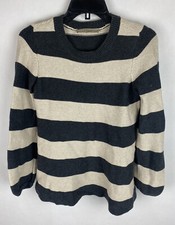 Loft Womems Sweater Medium Gray Beige Striped Long Sleeve Knit Cotton Pullover