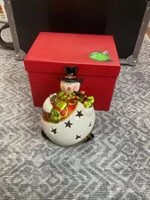 Christmas Light Up Snowman Large Tabletop Christmas Ornament Glossy Ceramic 6.5”