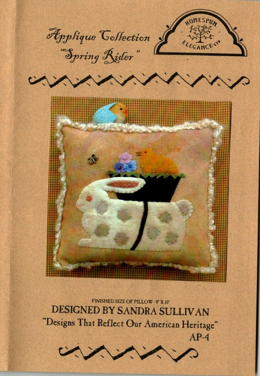 Spring Rider Wool Applique Pillow Pattern Primitive Folk Art Bunny & Chick