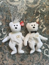 TY Beanie Babies Mr.  Mrs. Bride  Groom, Wedding White Teddy Bears 2001 