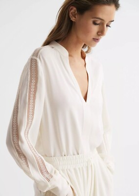 REISS ROWAN SPITZENBLUSE mit V-Ausschnitt in Creme Größe UK 8