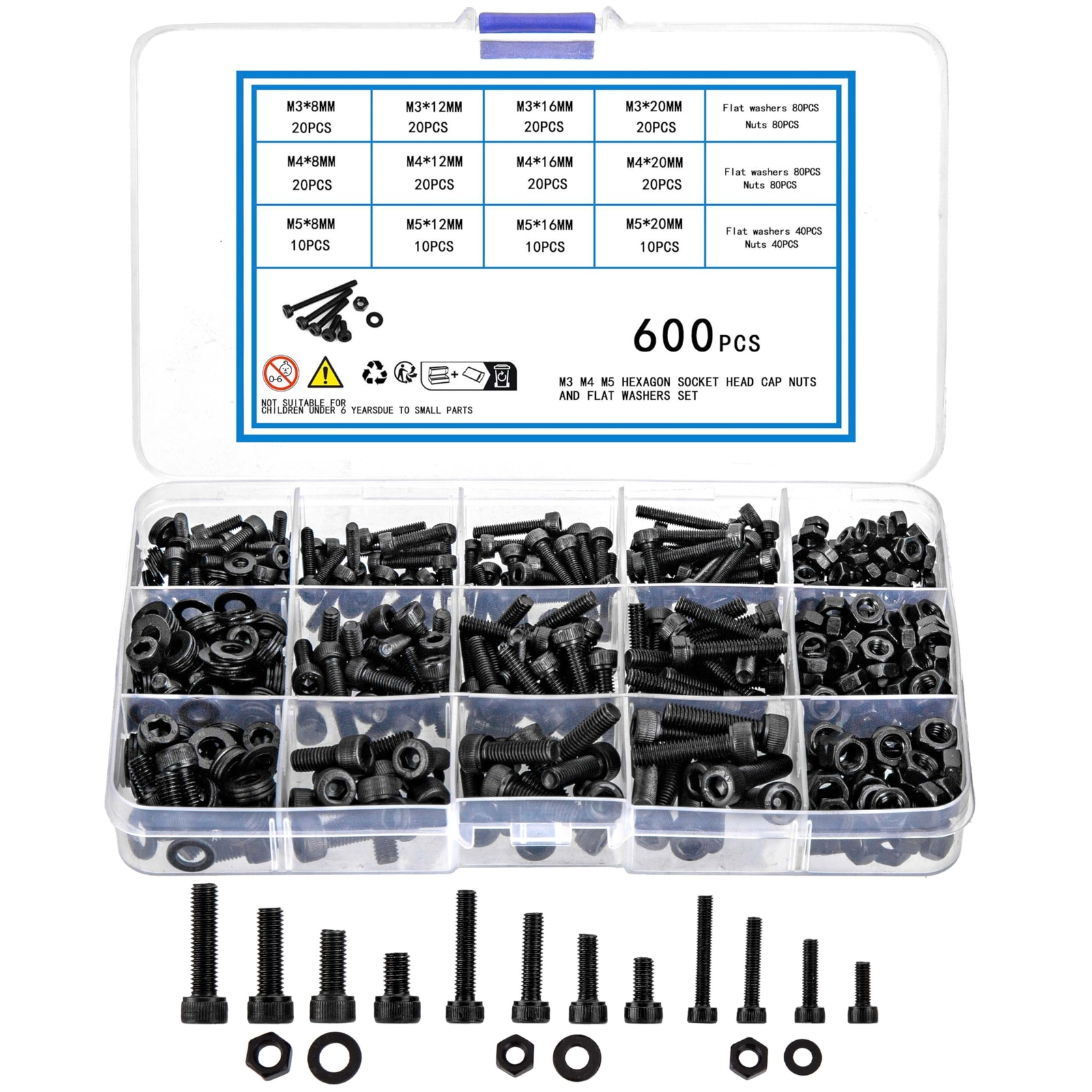 600 Pcs Metric Screws Bolts and Nuts and Washers Assortment Kit Hex Socket He...