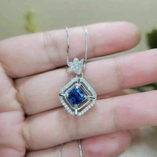 2.50Ct Round Cut Blue Sapphire Halo Pendant 18" Free Chain 14K White Gold Finish