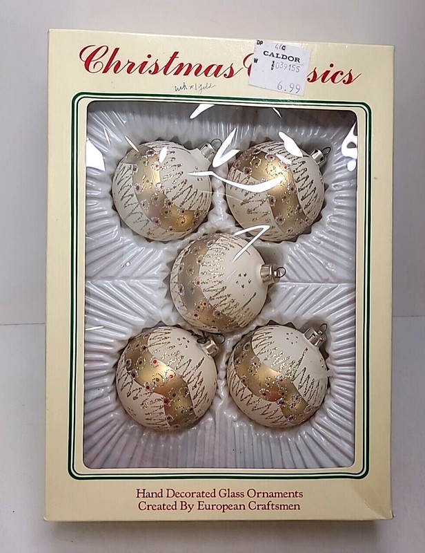 Box Set 5 Glitter Ball Christmas Ornaments Gold Vintage Commodore Hand Crafted