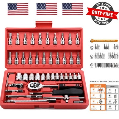 46 Pieces 1/4 inch Drive Socket Ratchet Wrench Set, with Bit Socket Set Metri...