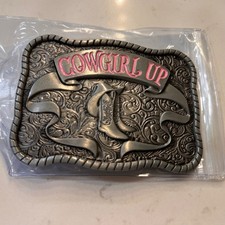 Cowgirl Up Belt Buckle Silver Tone Pink Western Floral Scroll Cowboy Boots 4x3