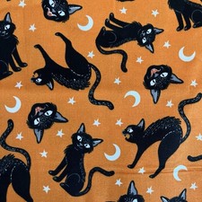 Halloween Orange Whimsical Black Cat Stars Moon 1.4 Yards