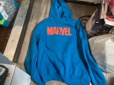 Marvel Sweater Mens XL Blue Hoodie Spell Out Chest Superhero Back Graphic Unisex