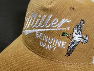 Miller Genuine Draft MGD Trucker Beer Hat   Tan & White Thick Mesh Snapback NWT