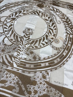Cartier ヴィンテージ2000年限定スカーフ Jewels&animals Cartier Silk Scarf 32in Panther Jewelry Motif Brown Chain