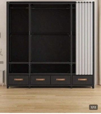 Black Metal Freestanding Wardrobe w/ Sliding Curtain, Hanging Rod, 4 Drawers