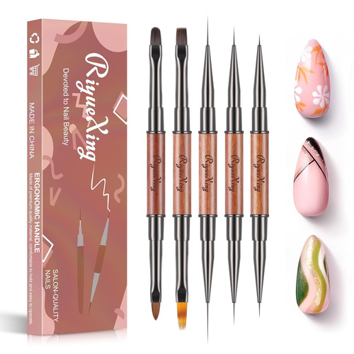 Nail Art Bushes Set - Professional 5Pcs Double-Ended Nail Brush for Art, Long Li