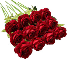 12 Pcs Artificial Rose Flowers Blossom Red Rose Flowers Real Touch Silk Faux Ros