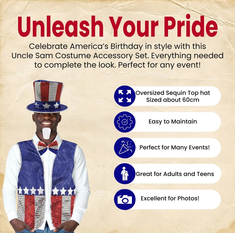 Conjunto de Disfraz de Tío Sam Adulto Sombrero Chaleco Pajarita Barba Patriótico 4 de Julio Foto 2 de 4
