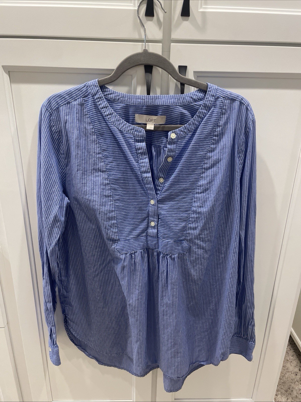 Loft L Women's Blue Ruffle Boho Blouse, Long Sleeve, Size Large