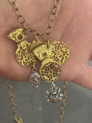 Unique Necklace With Brass Chain And Antique Verge Fusee Old English Cocks