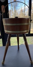 Vintage MCM Mid Century Wood Firkin Bucket SEWING BASKET BOX 3 Legs tripod